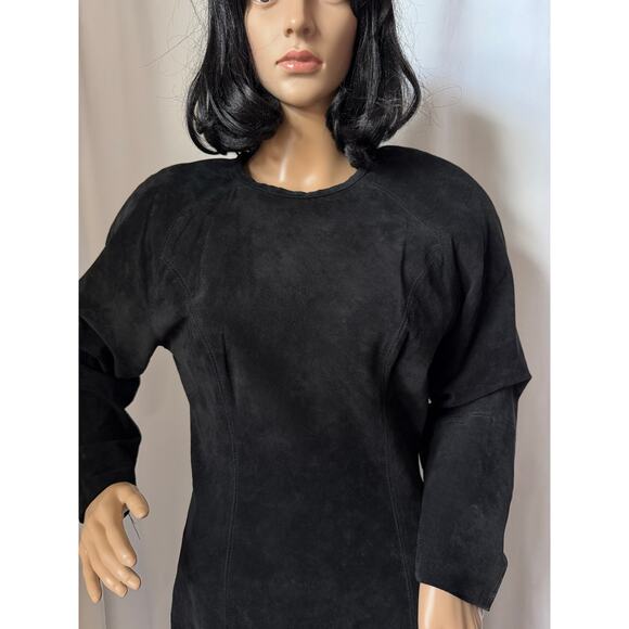 Vintage 80's Cedars Black Suede Batwing Sleeve round neck Midi Dress small - Picture 16 of 16